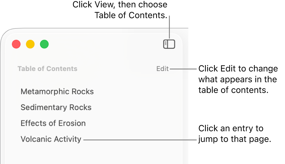 The table of contents on the left side of the Pages window with an Edit button at the top-right corner of the sidebar and table of contents entries in a list. The View button is in the top-left corner of the Pages toolbar, above the sidebar.