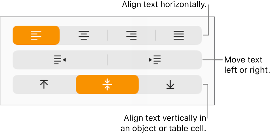 The Alignment section with callouts to the text alignment and spacing buttons.