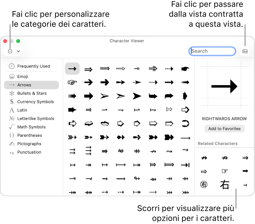 Il visore caratteri espanso mostra caratteri speciali e simboli, un menu per le diverse categorie di simboli sulla sinistra e un pulsante nell’angolo in alto a destra che consente di tornare alla visualizzazione ridotta.