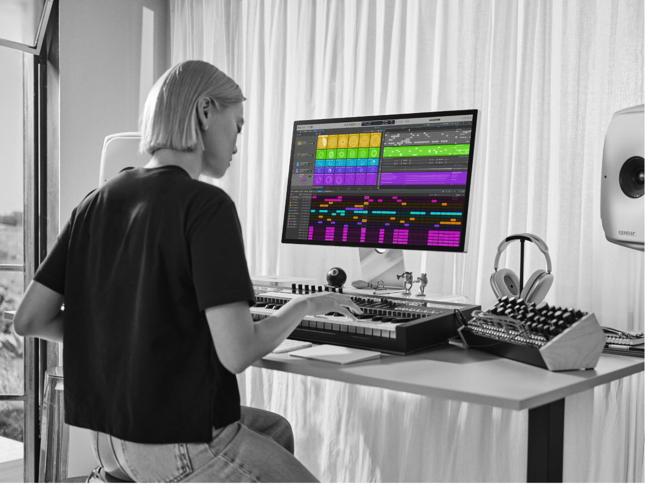 Proyecto de Logic Pro mostrado en un Mac Studio mientras se toca un teclado MIDI.
