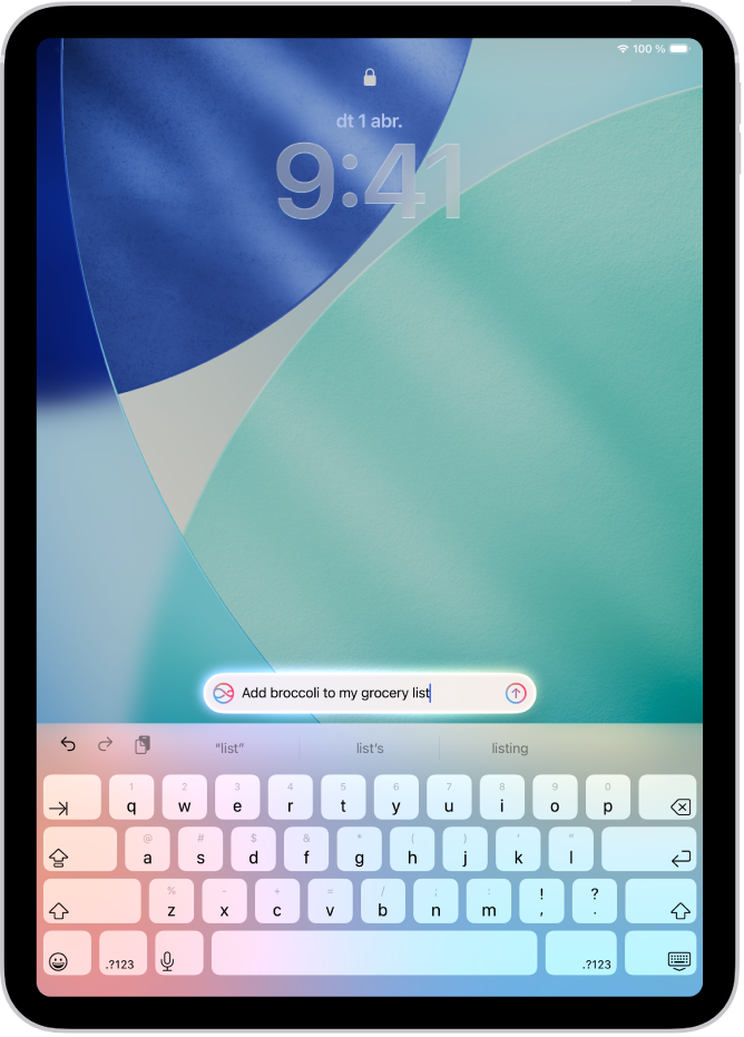 Un iPad en què es mostra el teclat a la pantalla bloquejada. A la part superior del teclat apareix un suggeriment de Siri.