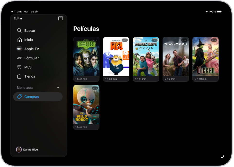 Un iPad mostrando una lista de películas en la sección Películas de la pestaña Biblioteca.