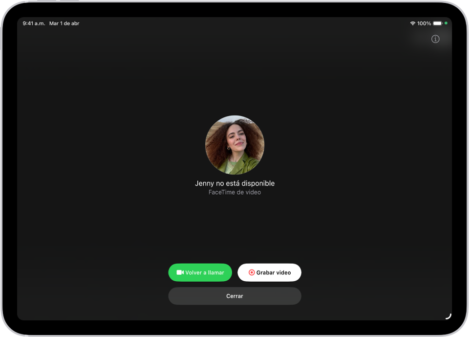 Pantalla Grabar video que muestra que la persona a la que se ha llamado no está disponible. La pantalla incluye el botón Volver a llamar y el botón Grabar video, que puedes tocar para grabar un mensaje de video.