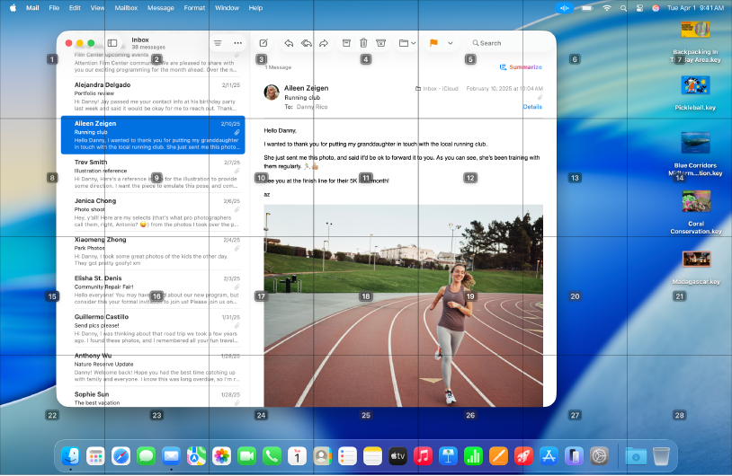 Aplikace Mail otevřená na ploše Macu překryté mřížkou. Každá buňka v mřížce je označena číslem.