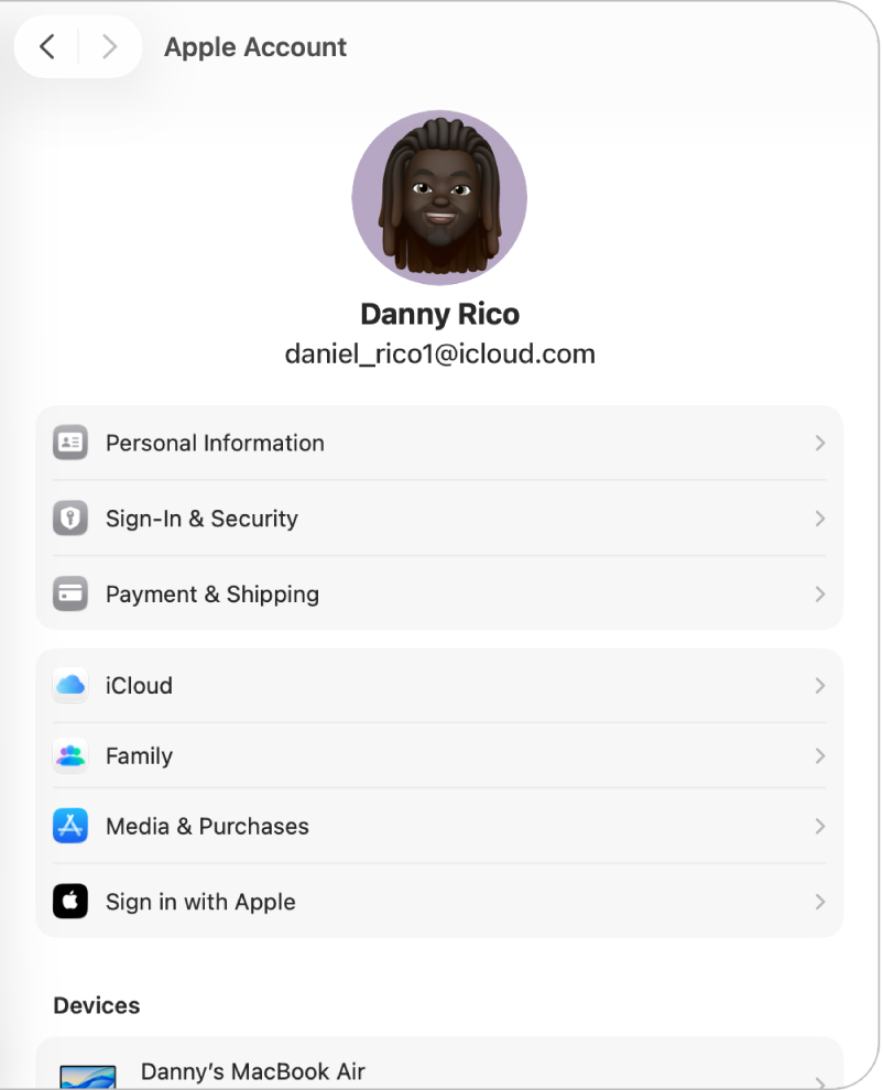 Apple Account settings showing the user’s Apple Account picture and name at the top, and the different types of account options you can set up and use below.