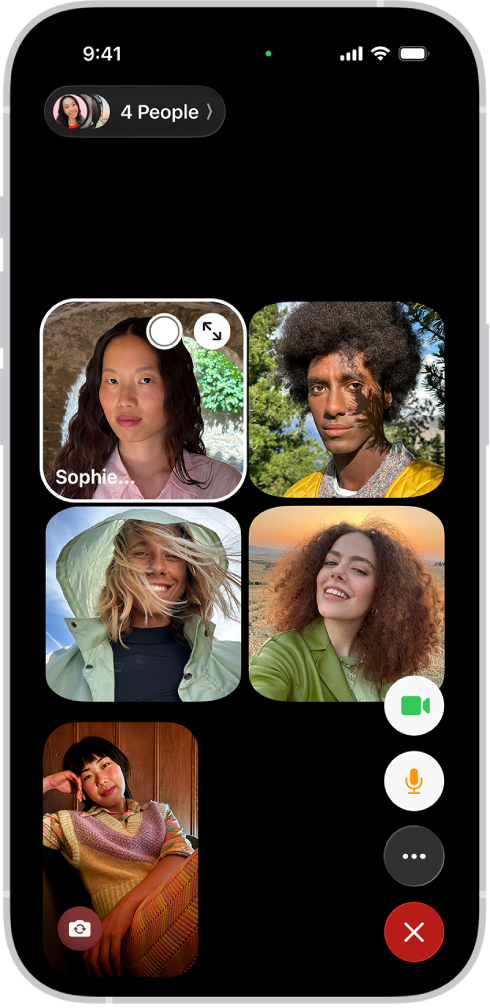 ఐదుగురు పార్టిసిపెంట్లతో కూడిన గ్రూప్ FaceTime కాల్. ప్రతి పార్టిసిపెంట్ ప్రత్యేక టైల్‌లో కనిపిస్తారు. FaceTime కంట్రోల్‌లు స్క్రీన్ దిగువ-కుడి వైపున ఉన్నాయి.