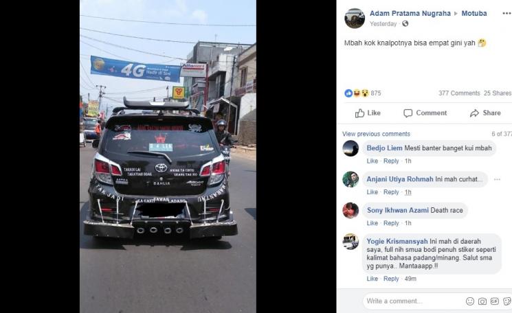 Toyota Agya dengan 4 Knalpot, Netizen Kompak Beri Komentar. (Facebook/Adam Pratama Nugraha)