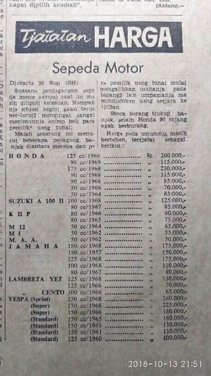 Daftar harga motor tahun 1960 an. (Facebook/Bekakas)