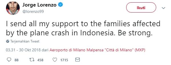 Dukungan Jorge Lorenzo untuk keluarga korban Lion Air JT-610. (Twitter/lorenzo99)