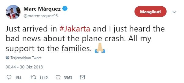 Dukungan Marc Marquez untuk keluarga korban Lion Air JT-610. (Twitter/@marcmarquez93)