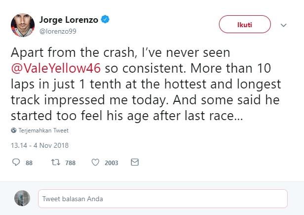 Pujian Jorge Lorenzo untuk Valentino Rossi. (Twitter/lorenzo99)