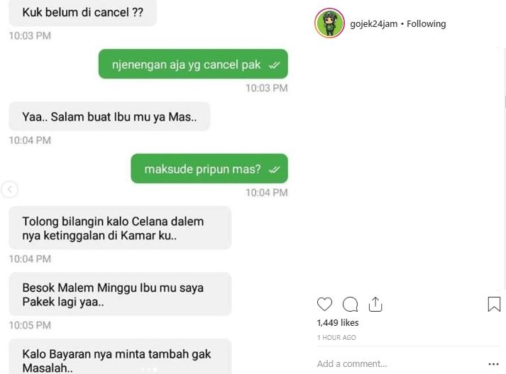 Driver ojol nekat memberikan pesan bernada pelecehan. (Instagram/@gojek24jam)