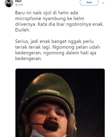 Driver ojol pasang interkom di helm penumpang. (Twitter/@_Hrst)