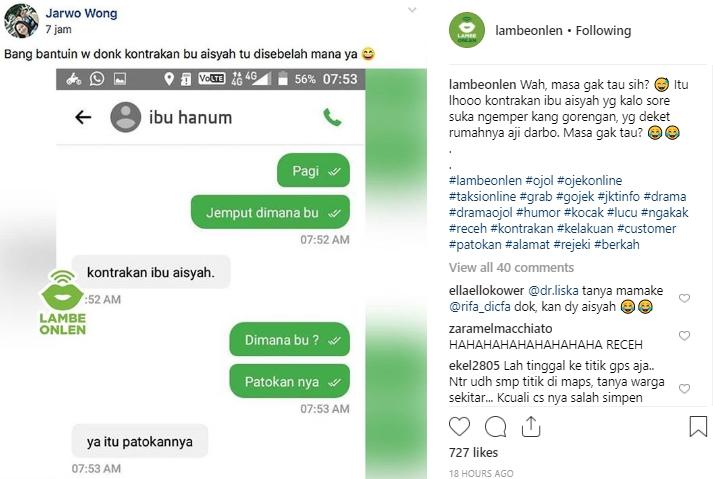 Pelanggan ojol kirimkan alamat unik. (Instagram/@lambeonlen)