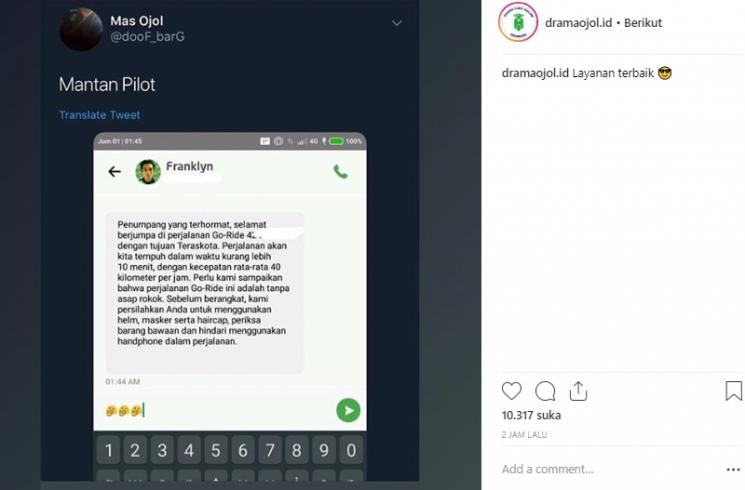 Layanan driver ojol yang mirip pengumuman dalam pesawat. (Instagram/dramaojol.id)