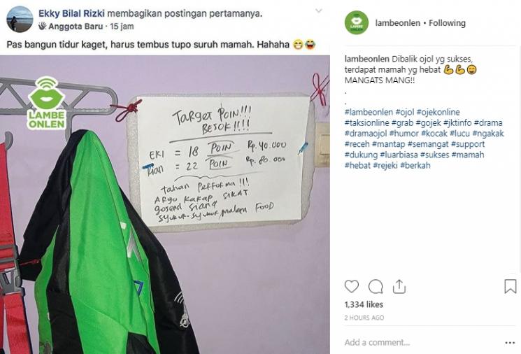 Pesan emak ojol kepada anaknya. (Instagram/@lambeonlen)
