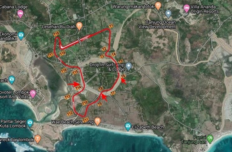 Jalan-jalan ke Sirkuit Mandalika via Google Map. (Sumber; Peta: Google, layout sirkuit: racingcircuits.info)