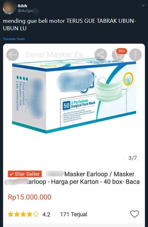 Harga masker yang merangkak naik, bisa buat beli motor. (Twitter)