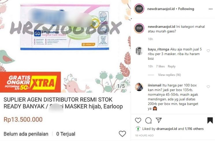 Harga masker yang merangkak naik, bisa buat beli motor. (Instagram)