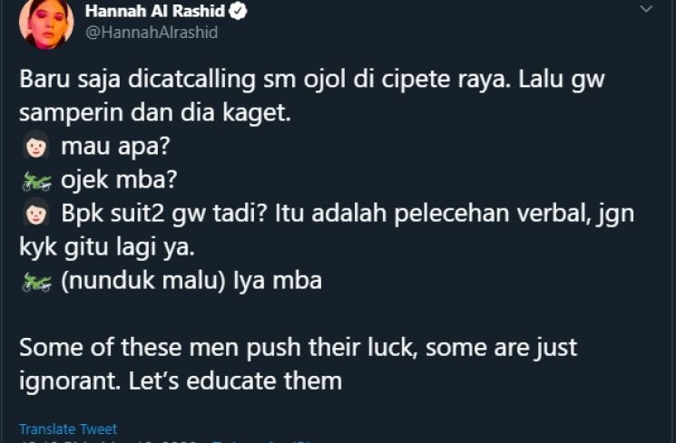 Cuitan Hannah AL Rashid saat ia dilecehkan driver ojol (Twitter/HannahAlrashid)