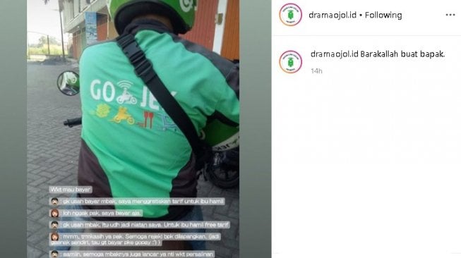 Abang ojol gratiskan tarif untuk ibu hamil. (Instagram/@dramaojol.id)