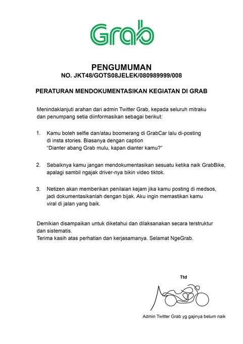 Surat edaran kocak dari Grab. (Istimewa)