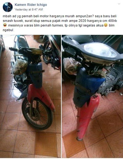 Kondisinya Mengenaskan, Suzuki Smash Ini Tetap Taat Bayar Pajak Motor. (Facebook/Kamen Rider Ichigo)