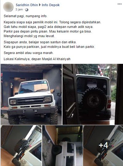 Viral mobil parkir asal-asalan. (Facebook/‎Saridhin Dhin‎)