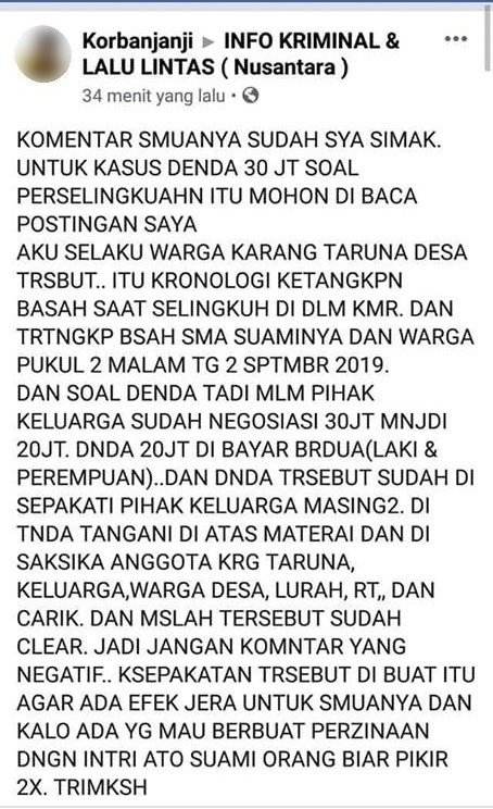 Pelaku selingkuh yang motornya disita oleh warga. (Facebook/Korbanjanji)