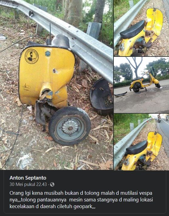 Pemotor kecelakaan, tunggangannya malah dipereteli maling. (Facebook)